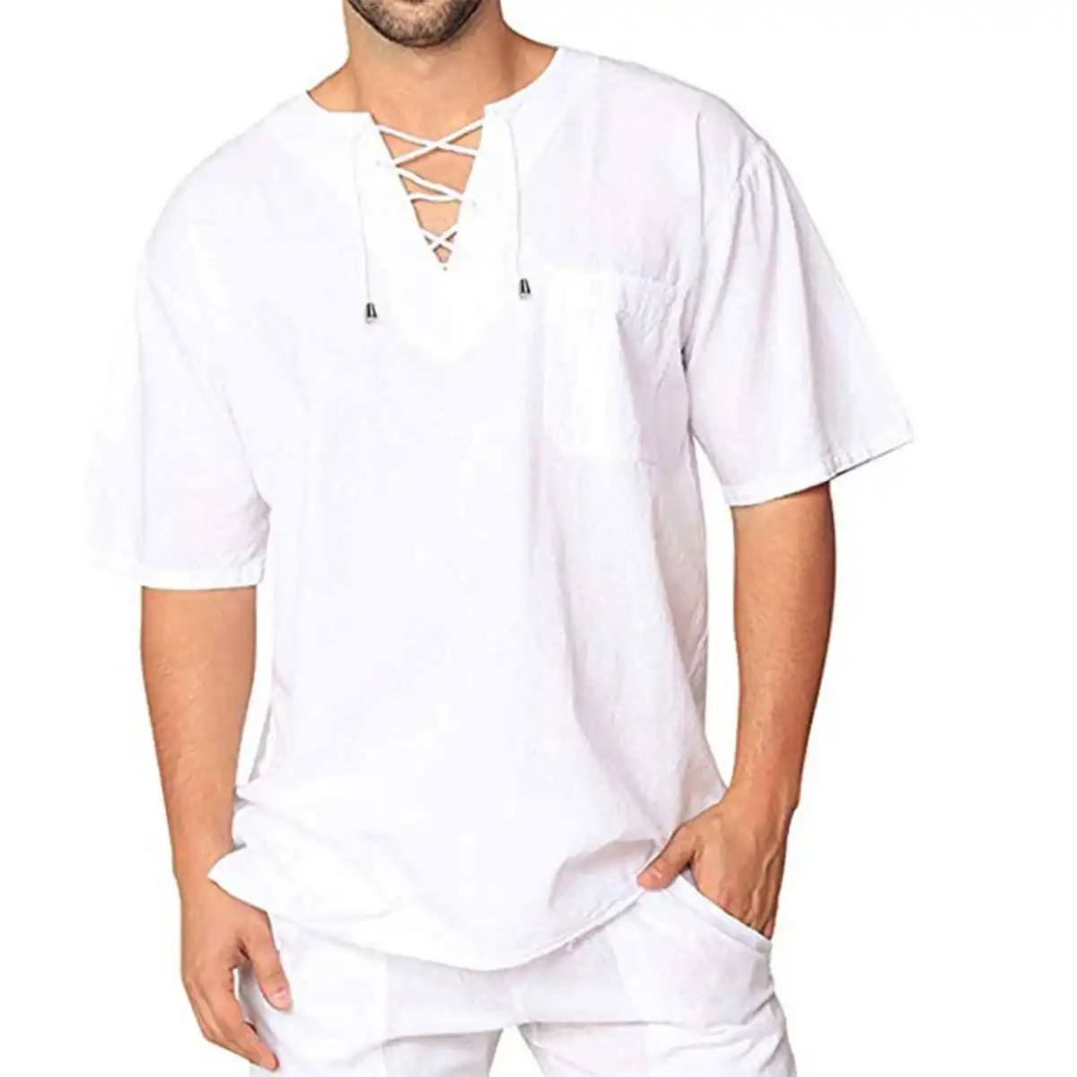 Breathable Cotton Linen Drawstring Shirt product detail view