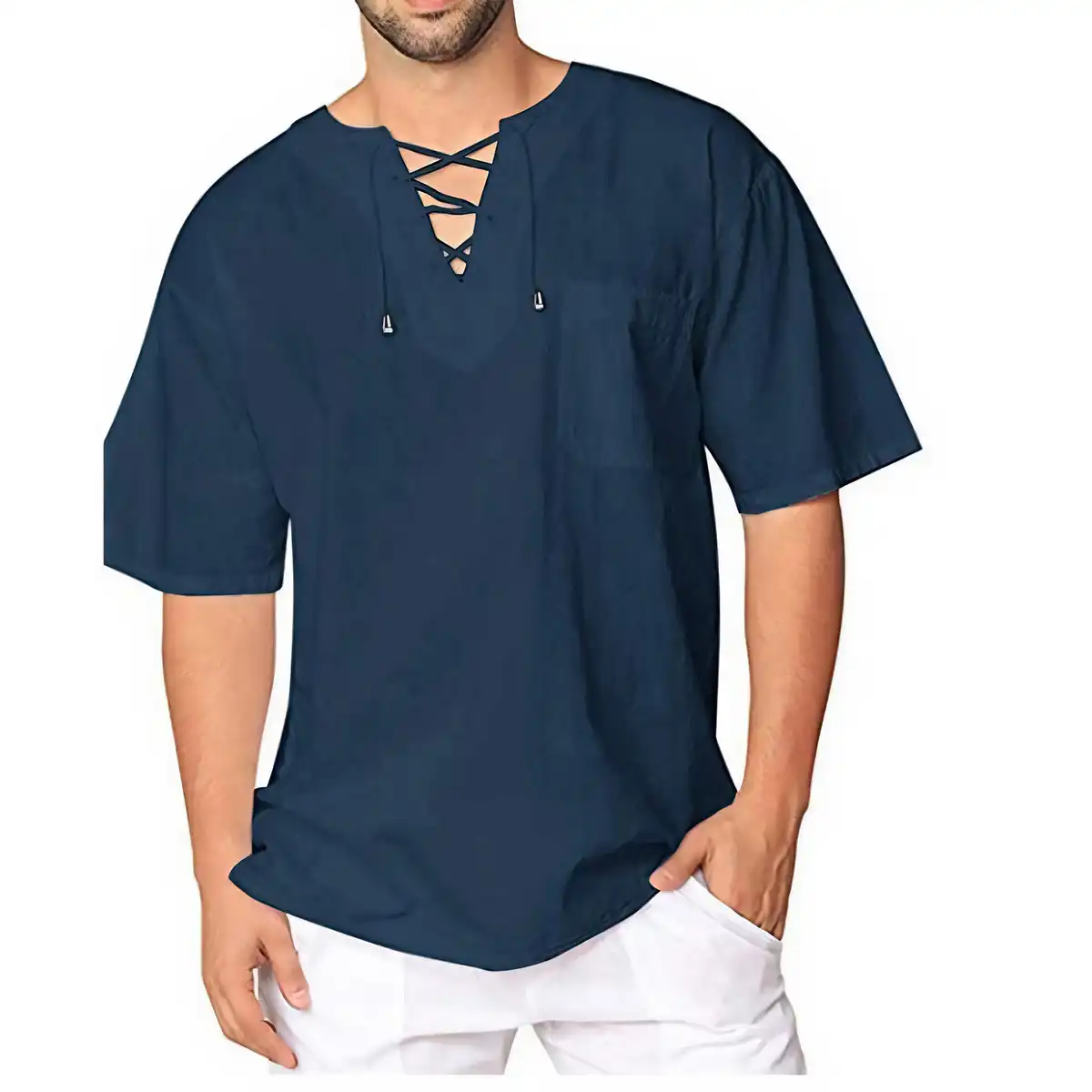 Breathable Cotton Linen Drawstring Shirt alternate product angle