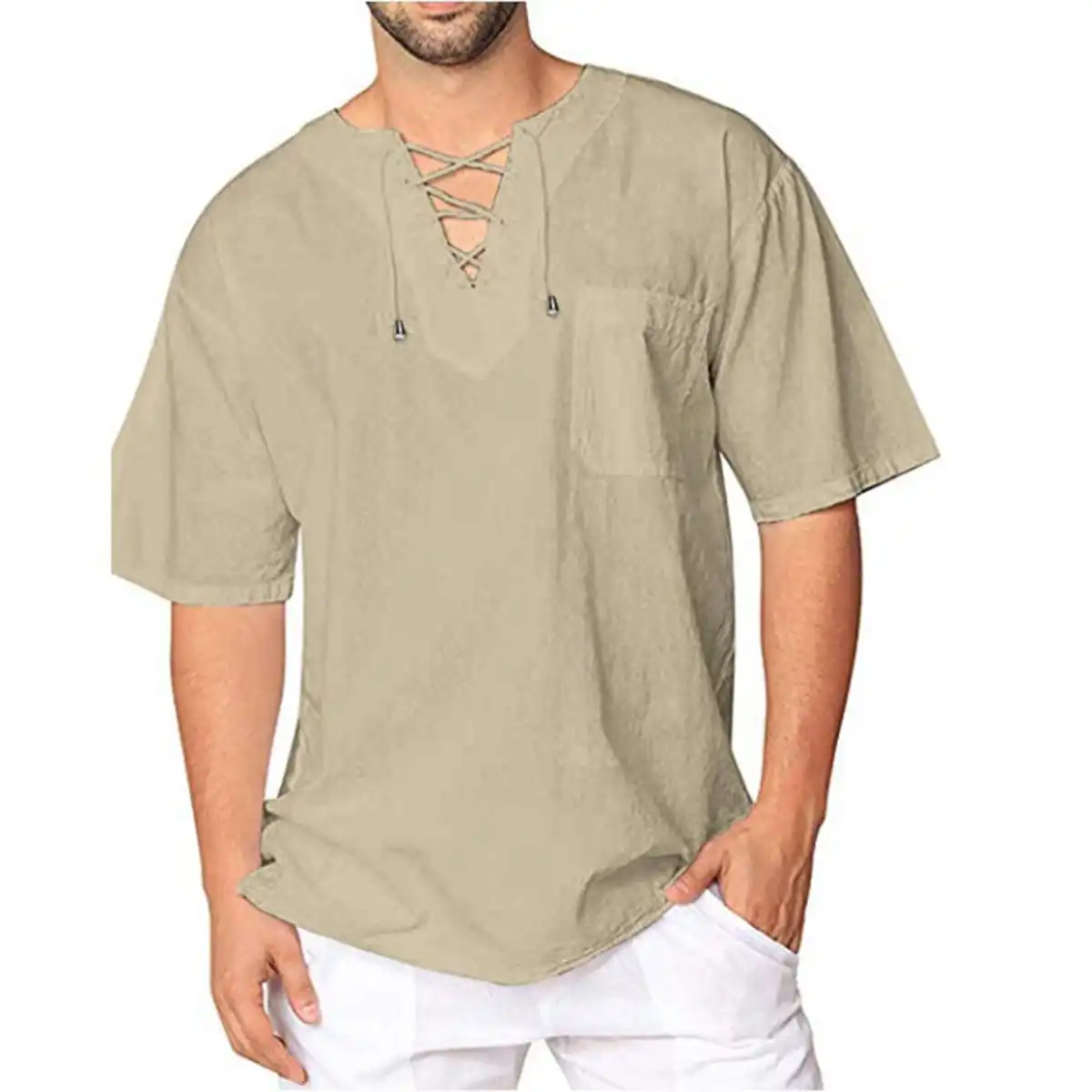 Breathable Cotton Linen Drawstring Shirt product close-up