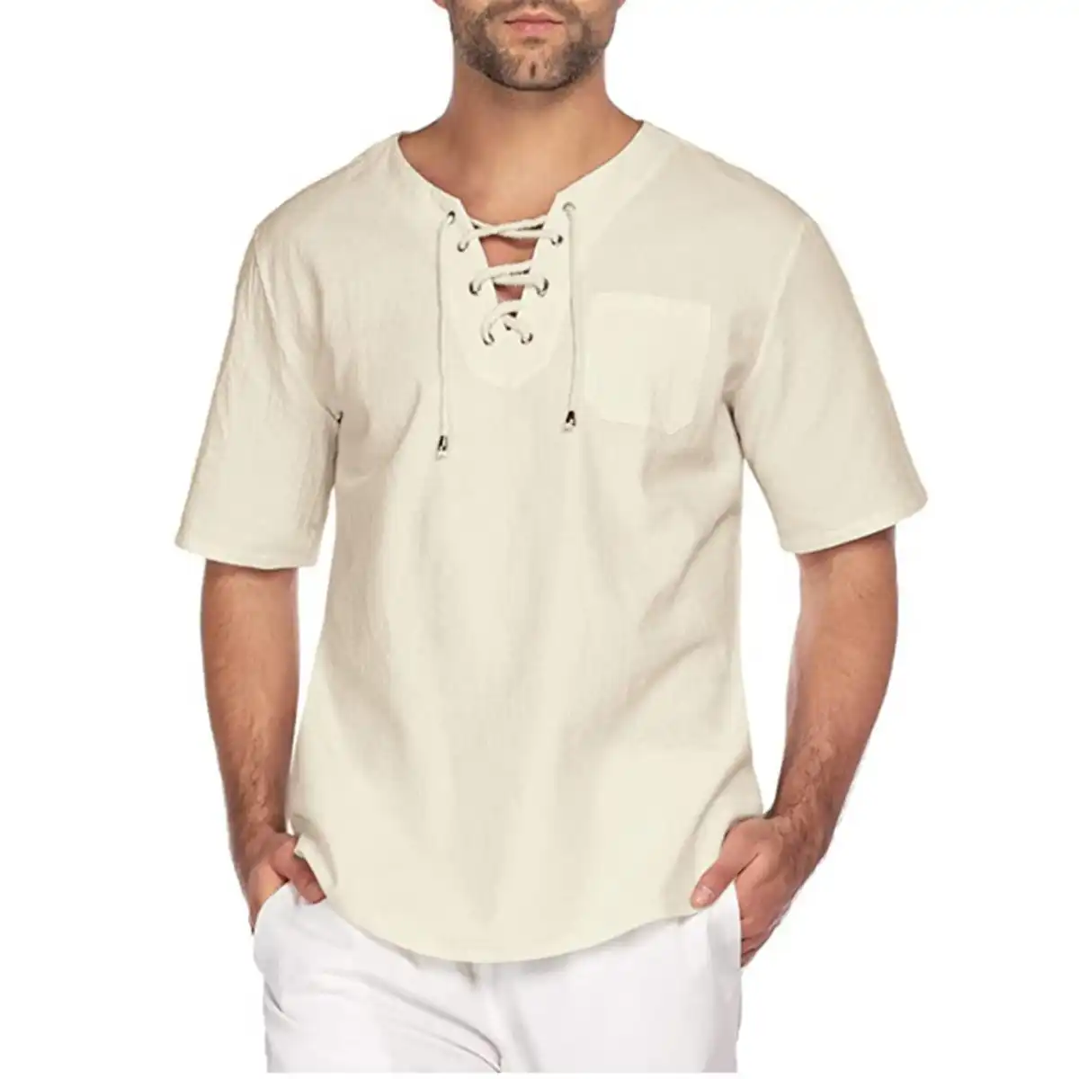 Breathable Cotton Linen Drawstring Shirt product with accessories