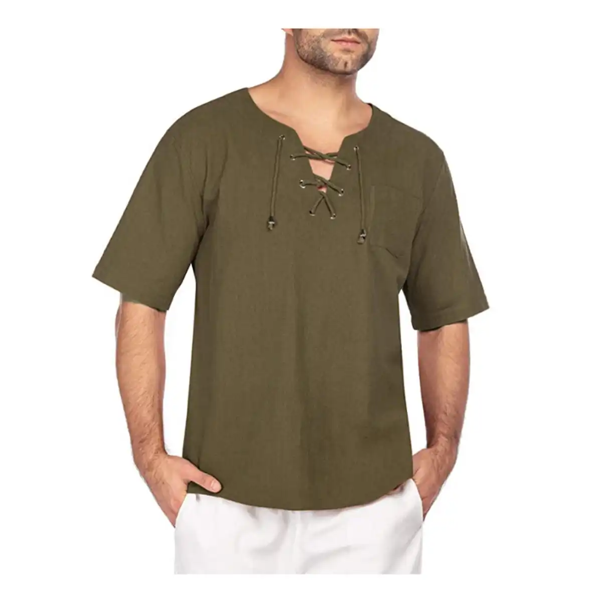 Breathable Cotton Linen Drawstring Shirt custom logo imprint view