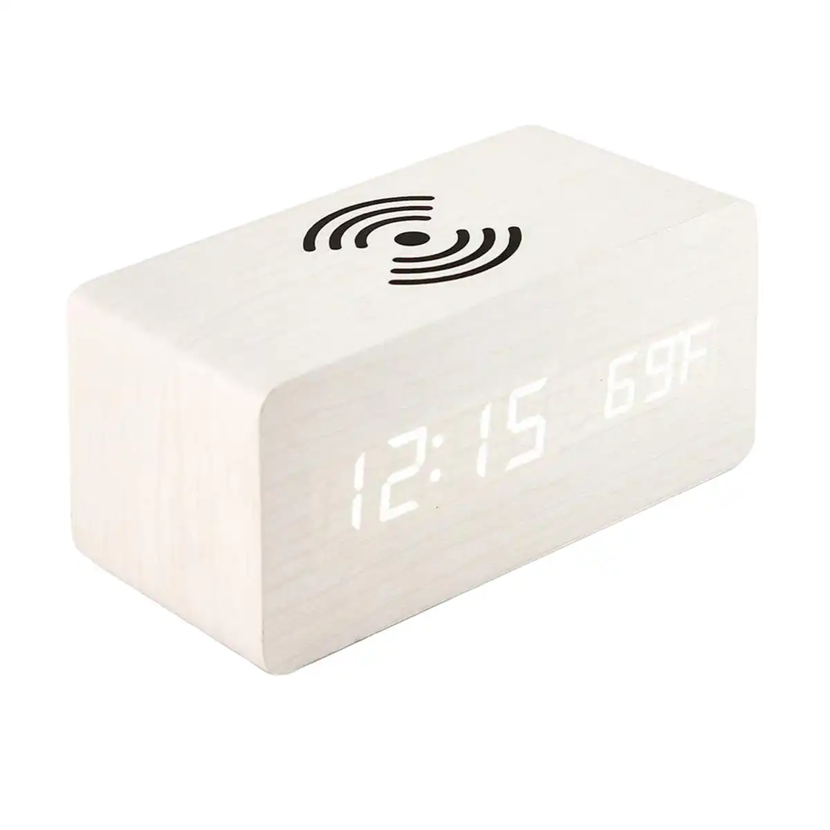 Wooden LED Alarm Clock Charger product with accessories
