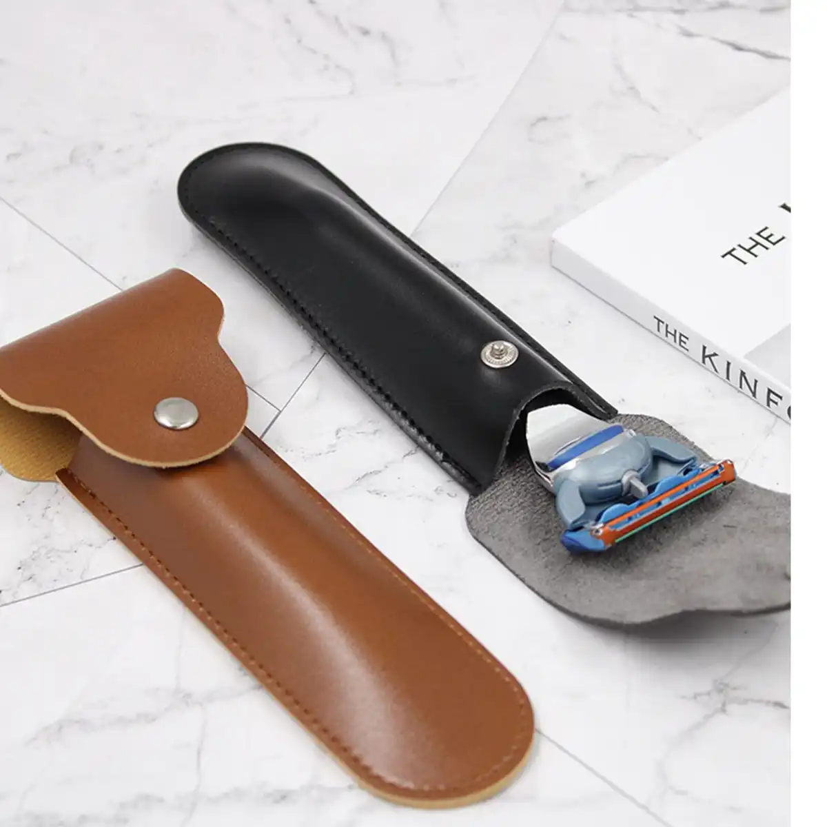 Premium Leather Razor Travel Case product close-up