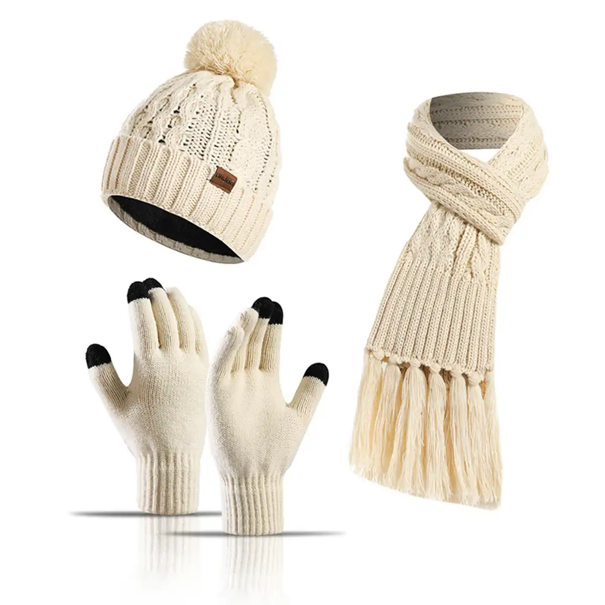 Warm Winter Knit Hat Scarf Gloves product close-up