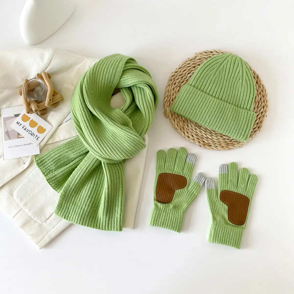 Insulated Winter Knit Hat Scarf Gloves alternate product angle