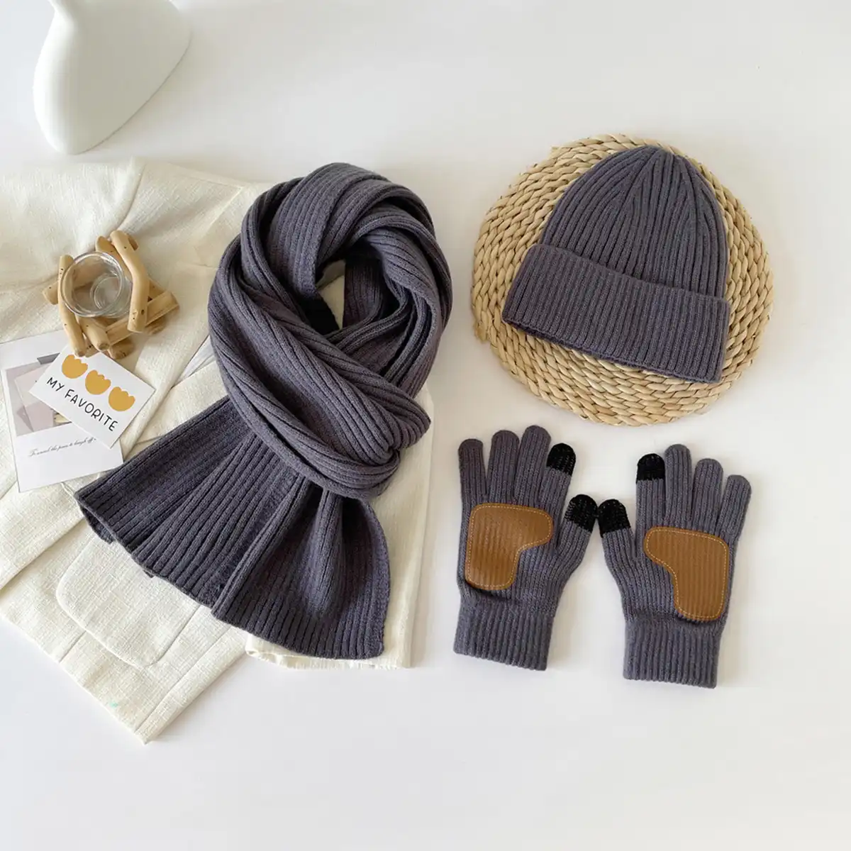 Insulated Winter Knit Hat Scarf Gloves product close-up