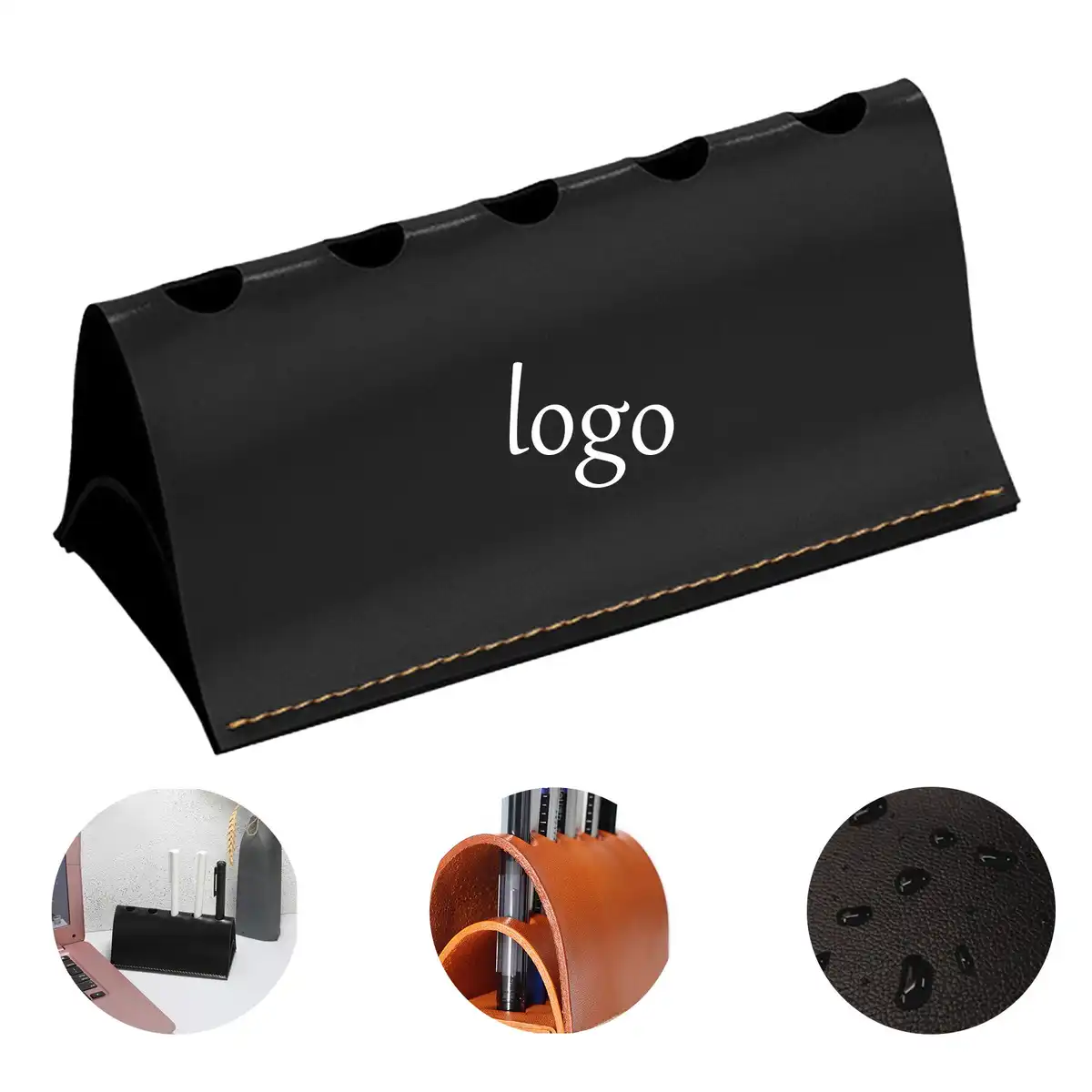 Vintage PU Leather Desk Pen Holder