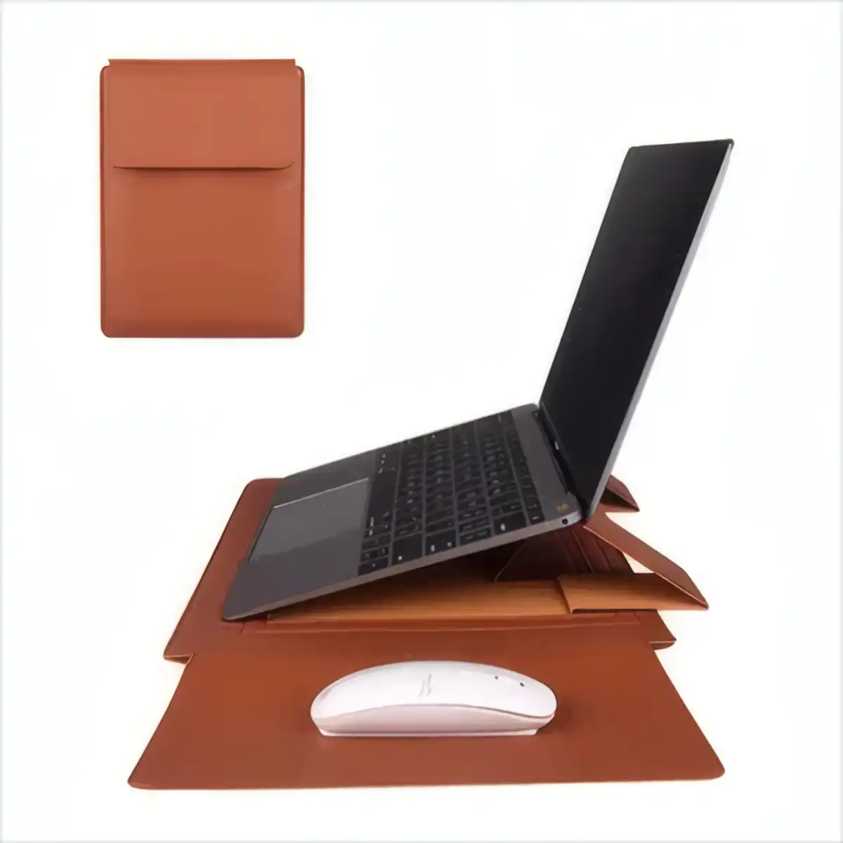 Durable Leather Laptop Sleeve Stand product with accessories