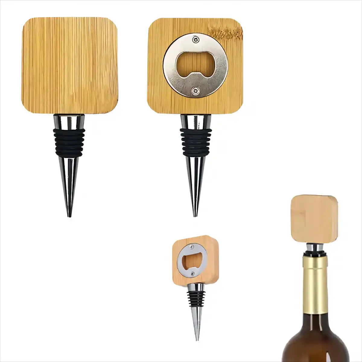 Bamboo Bottle Opener Stopper Set