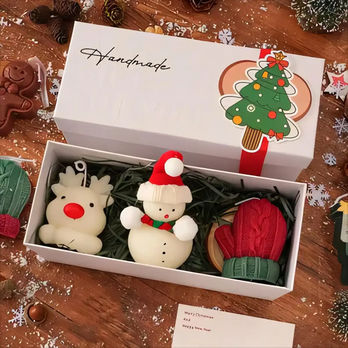 Festive Soy Wax Candle Trio product with accessories