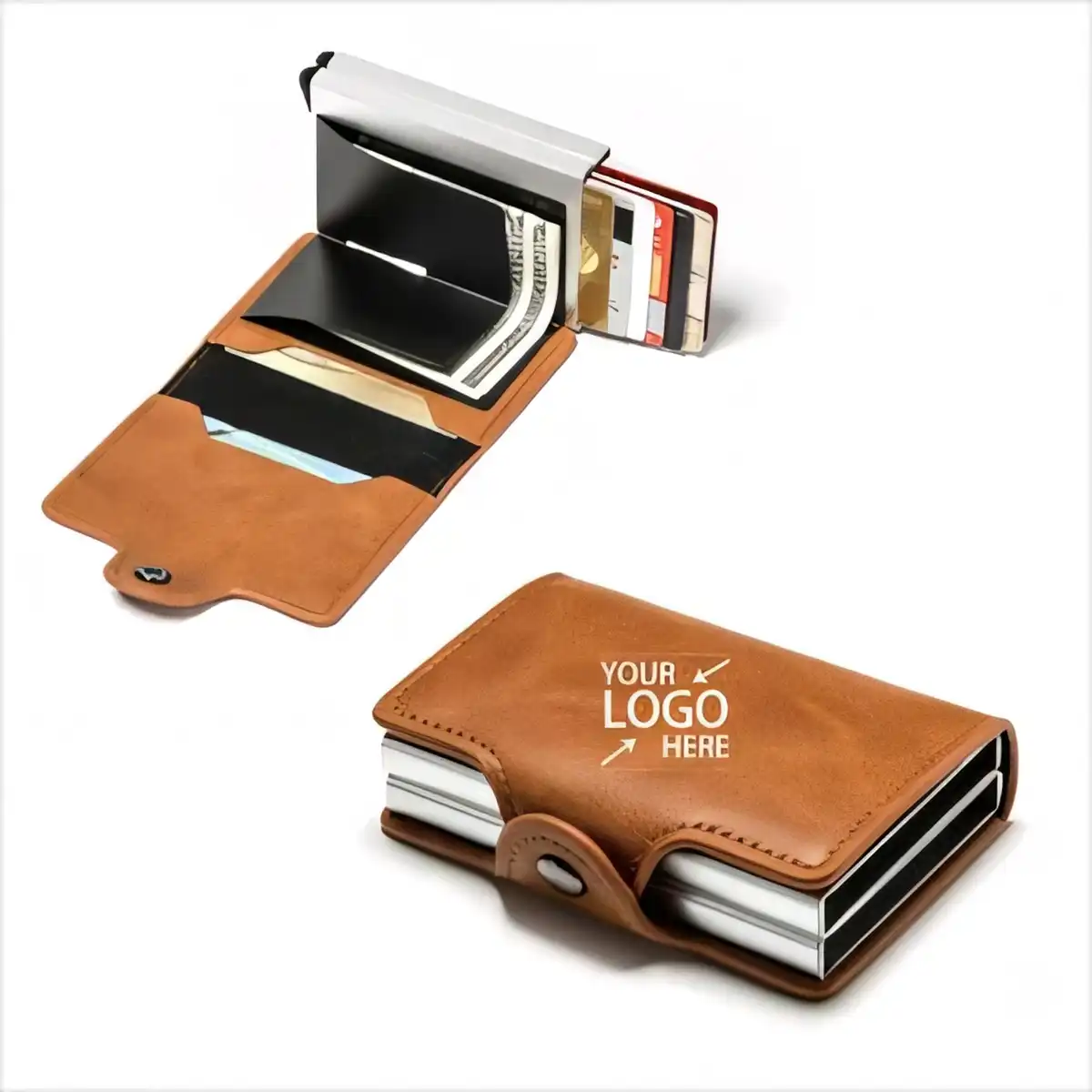 Slim Leather RFID Blocking Wallet product with accessories