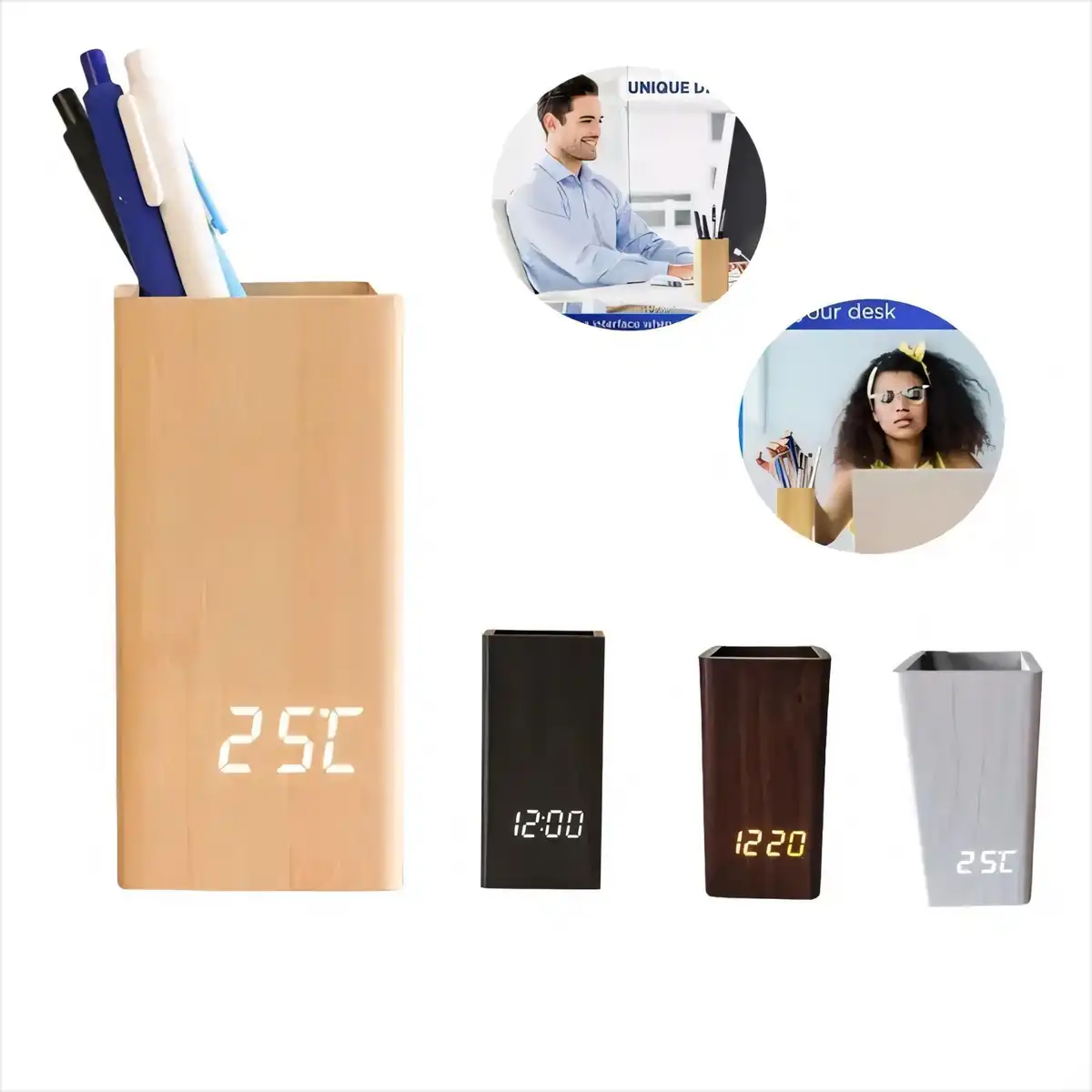 Wooden Alarm Clock Desk Organizer