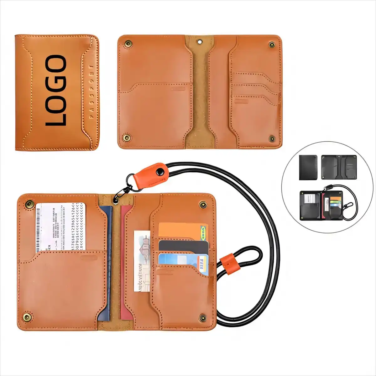 Genuine Leather Passport Holder with Retractable Lanyard