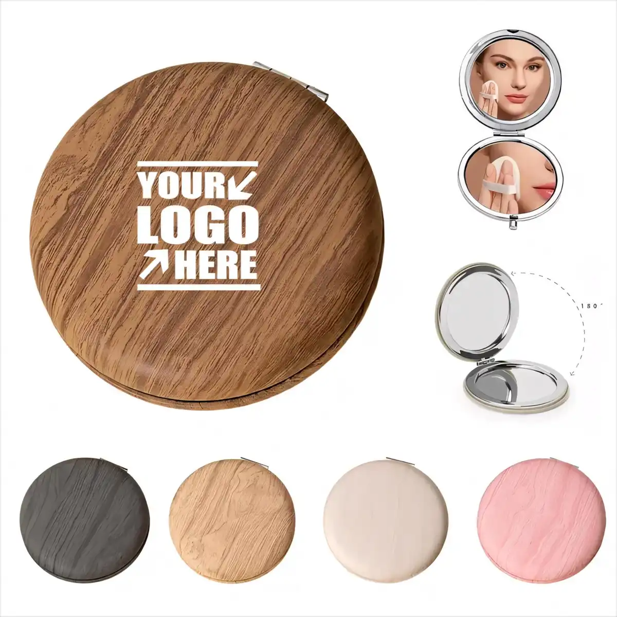 Wood Grain PU Travel Makeup Mirror