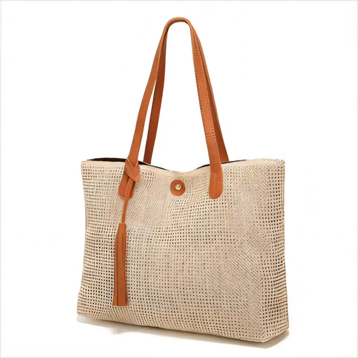 Handwoven Straw Tote with Tassel product close-up